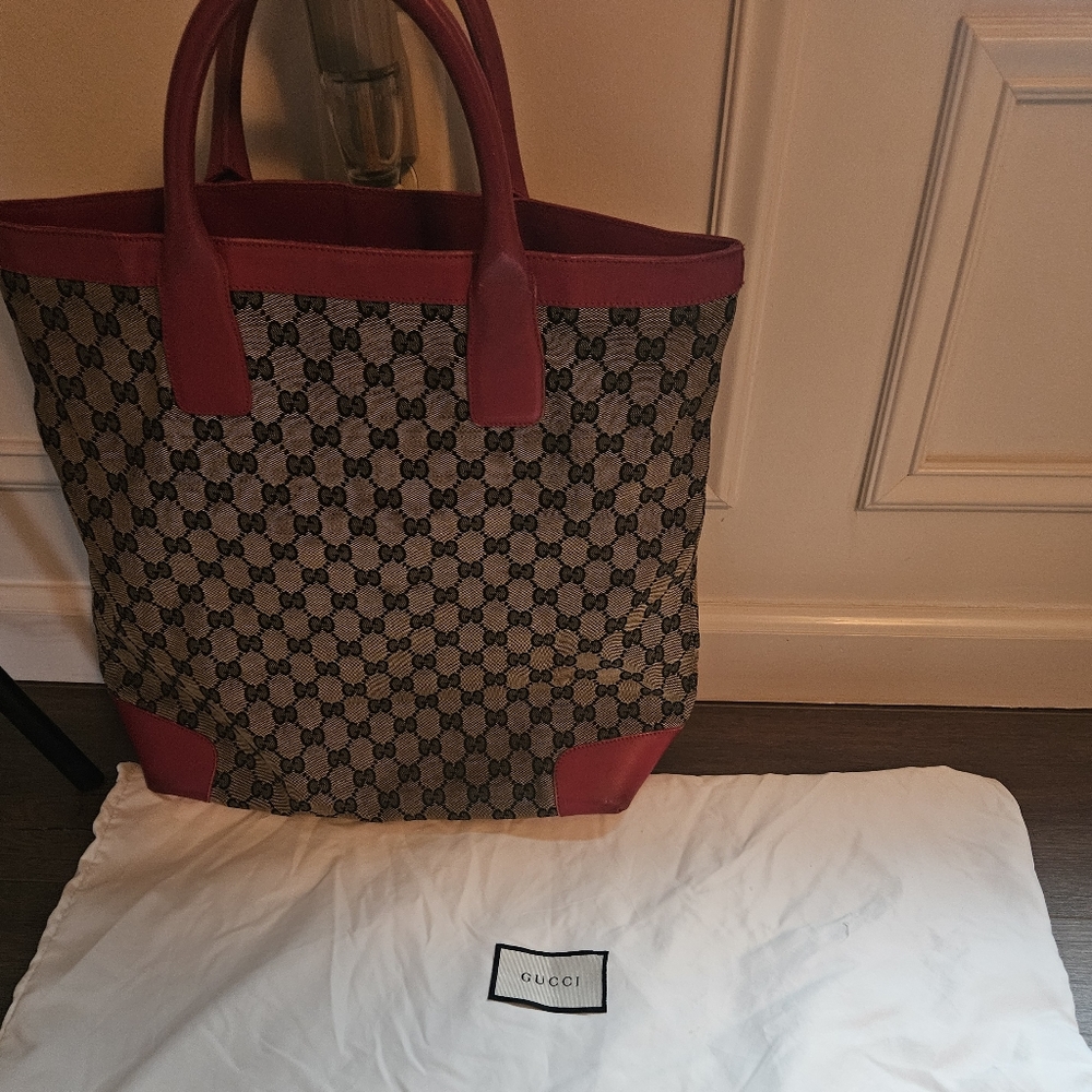 Gucci Vintage Navy Blue Monogram With Red Leather Trim With Dustbag - Picture 16 of 16